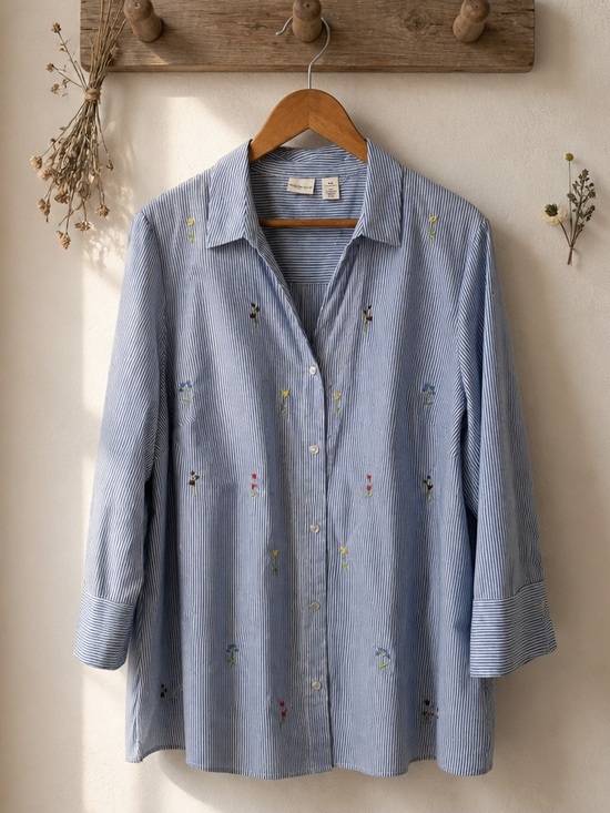 Westbound Tops - Westbound Woman 2X Blue White Stripe Embroidered Flower Button Down Shirt Garden